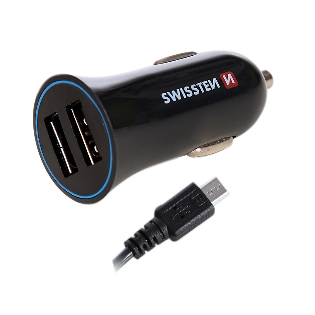 Zástrčka SWISSTEN s 2x USB výstupem 2,4 A, 12/24V s kabelem USB-C, 45349