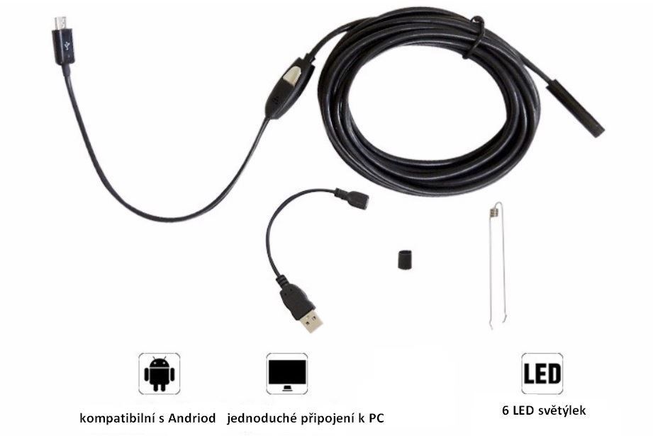 USB endoskop mini kamera se světlem na kabelu úzká, délka kabelu cca 5 metrů