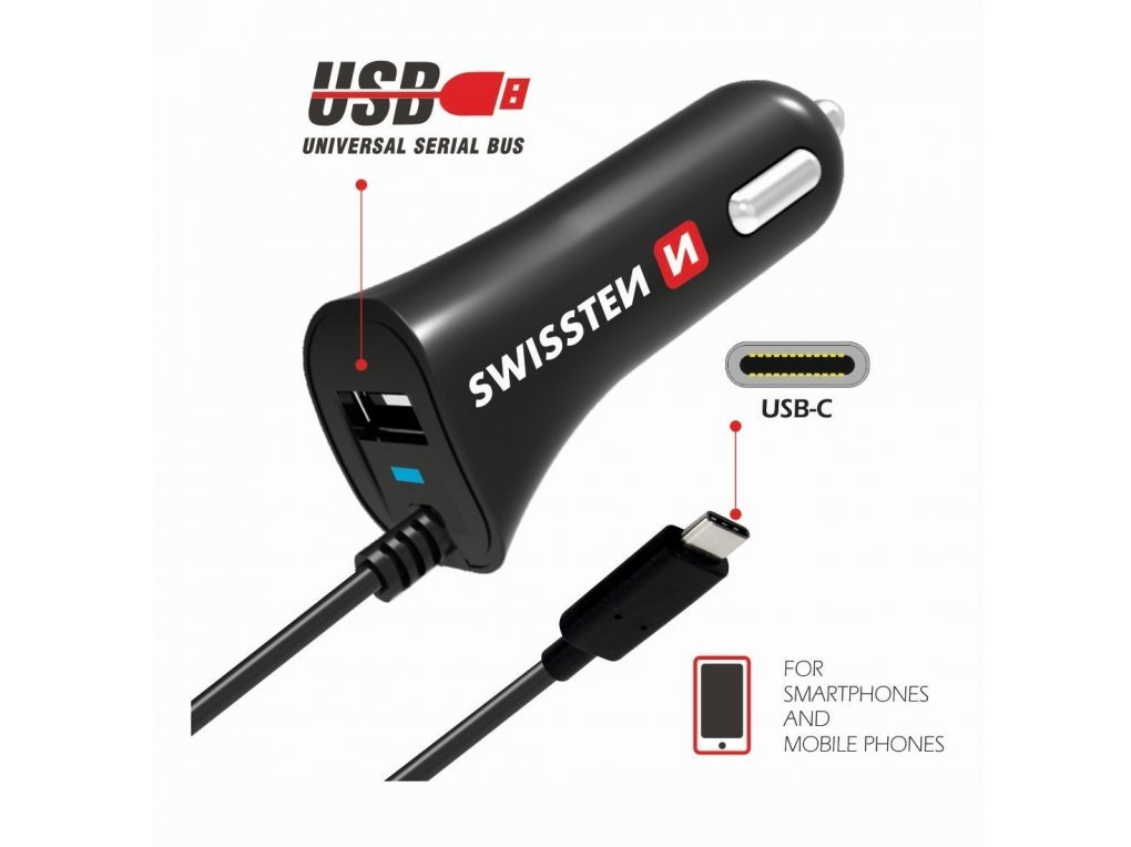 Nabíječka mobilu USB-C SWISSTEN s 1x USB výstupem 2,4 A, 12/24V, 45186