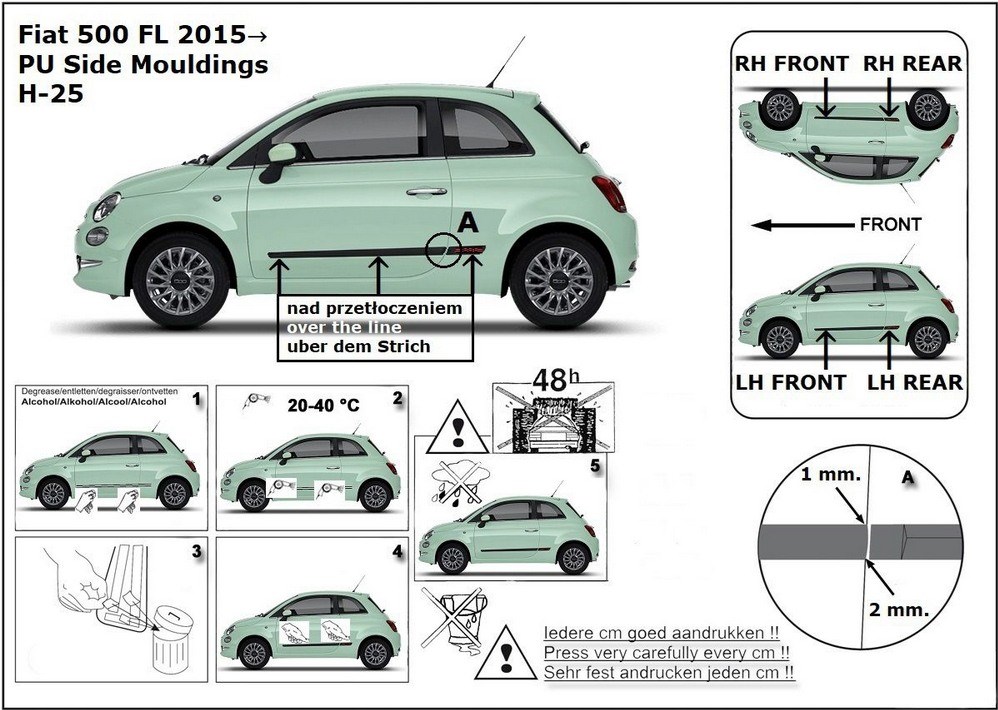 Ochranné boční lišty na dveře, Fiat 500, 2015-, HTB, Facelift