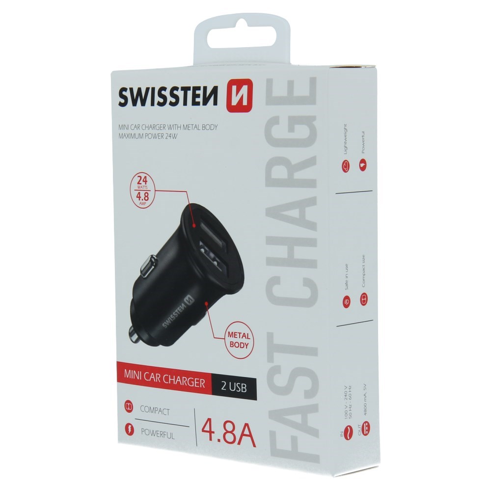 Zástrčka SWISSTEN s 2x USB výstupem 4,8 A (2,4A, 2,4A), 12/24V, 47413