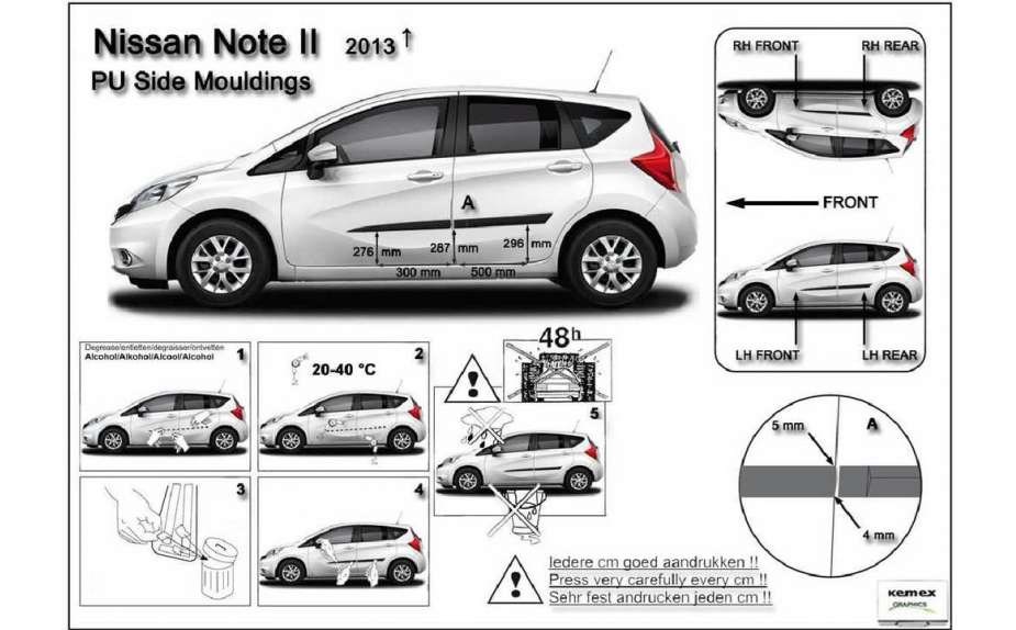 Ochranné boční lišty na dveře, Nissan Note II, 2013->, 5 dveř.