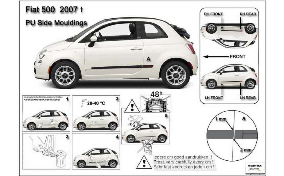 Ochranné boční lišty na dveře, Fiat 500, 2007->2011, 3 dveř.