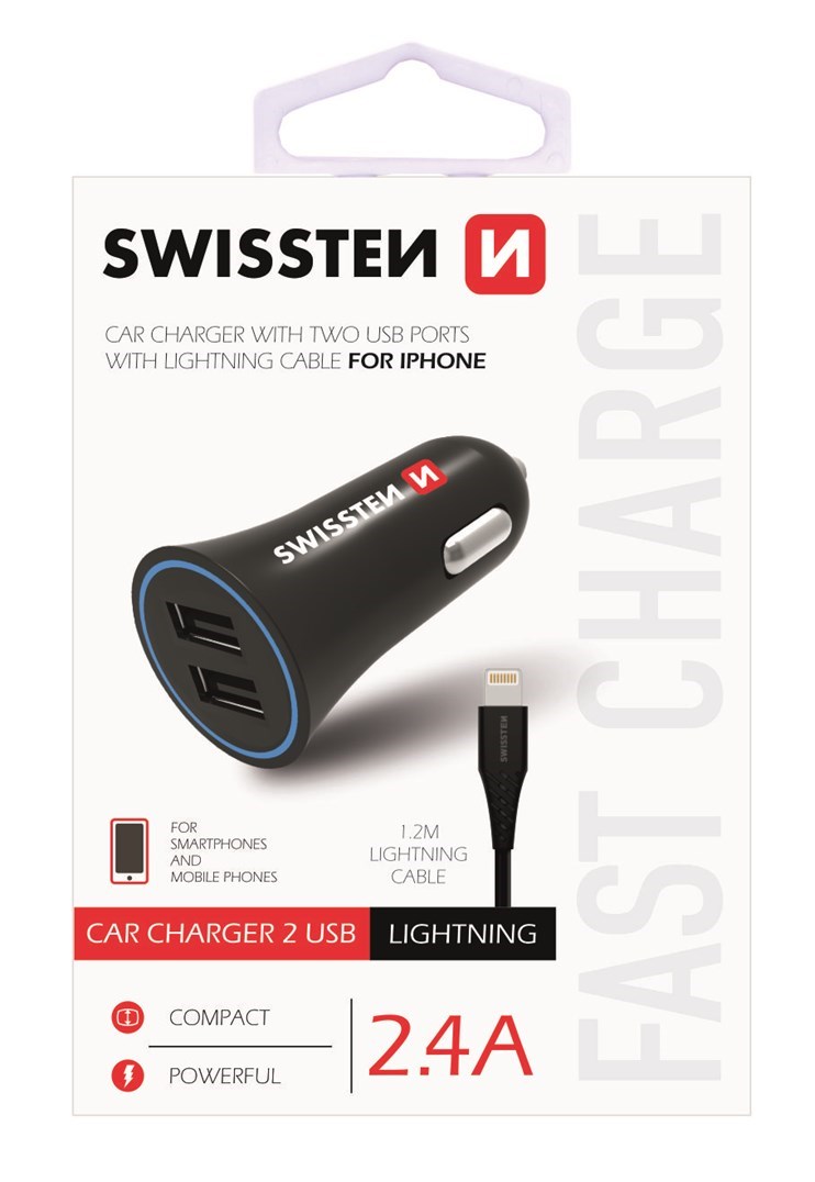 Zástrčka SWISSTEN s 2x USB výstupem 2,4A, 12/24V s kabelem lightning (iPhone), 46751